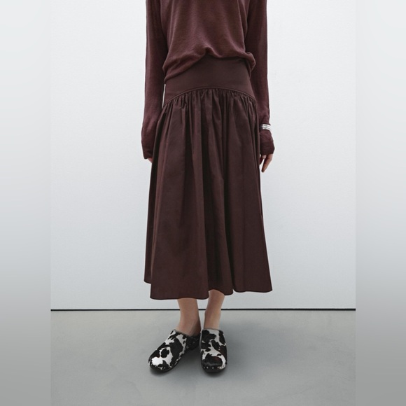 Massimo Dutti Skirt w Yoke Detail | Chocolate 100% Cotton Midi. Quiet Luxury NWT - Picture 3 of 12